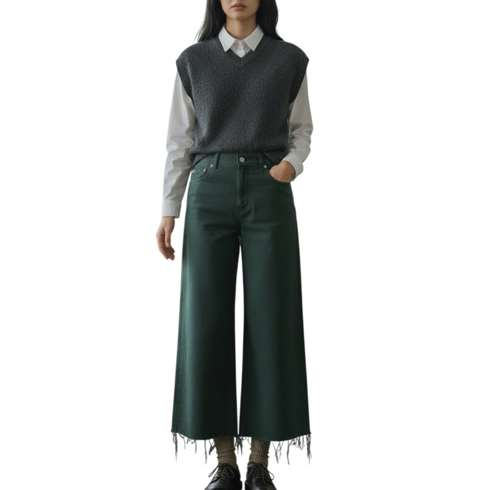 Zara Forest Green High Rise Wide Leg Jeans Dark Academia Minimalist Size 2